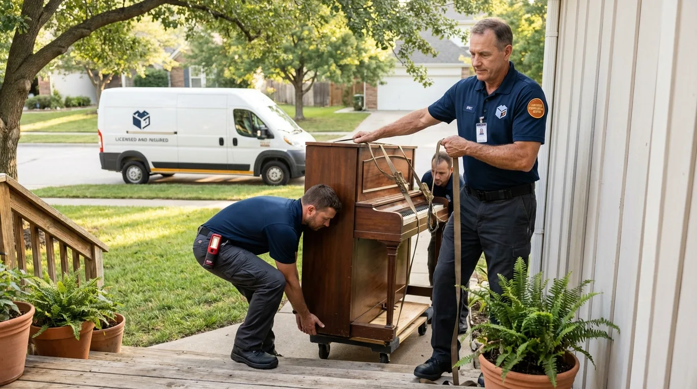 Licensed piano movers securing grand piano in Allentown, PA