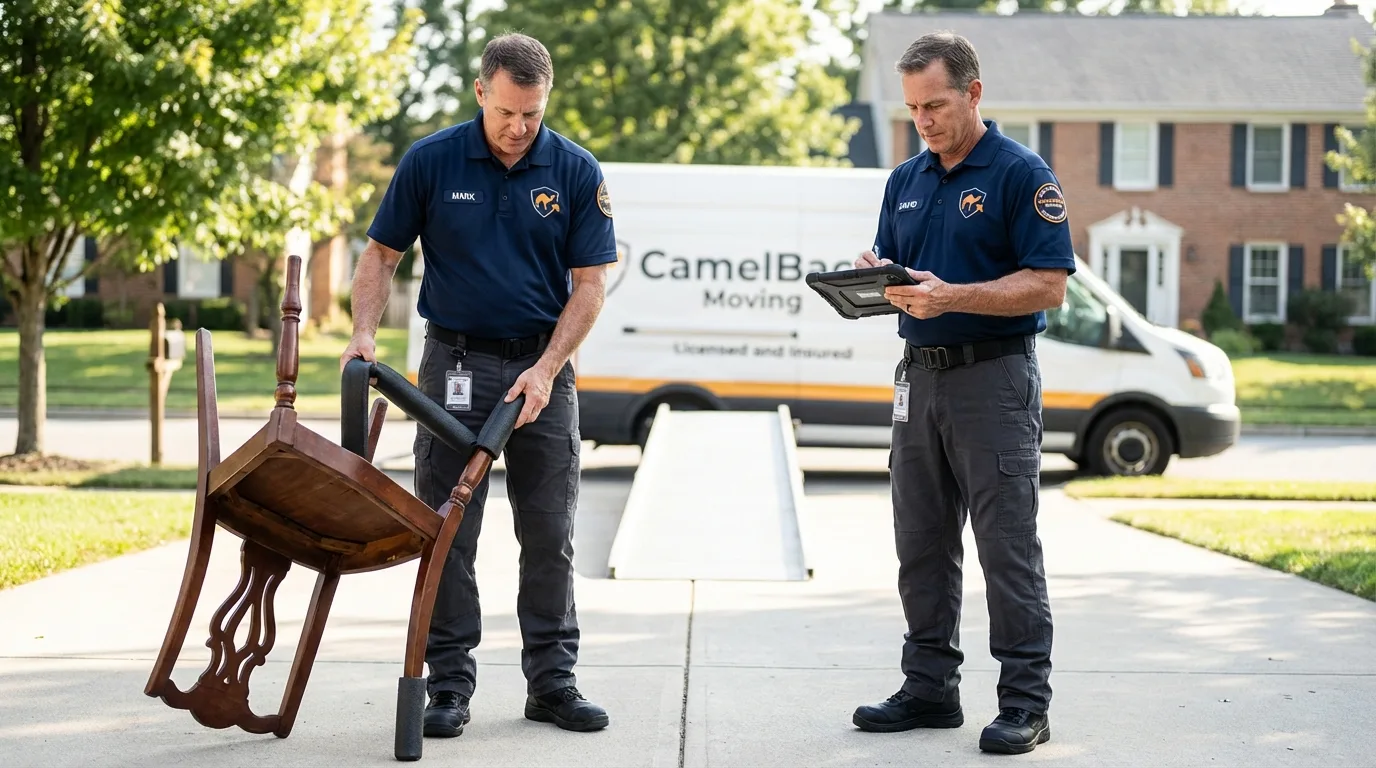 Movers inspecting furniture for damage prevention before loading in Allentown, PA